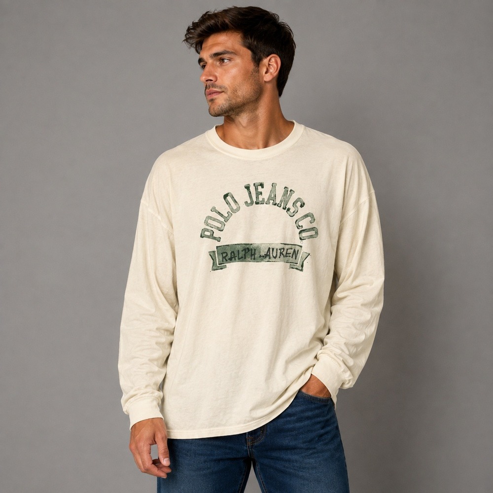Vintage Polo Jeans Co Ralph Lauren Long Sleeve T Shirt Cream Spellout Y2K 2000s